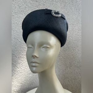 Vintage pillbox bumper straw hat black with rhinestone Mr John Classic sz 21.5”